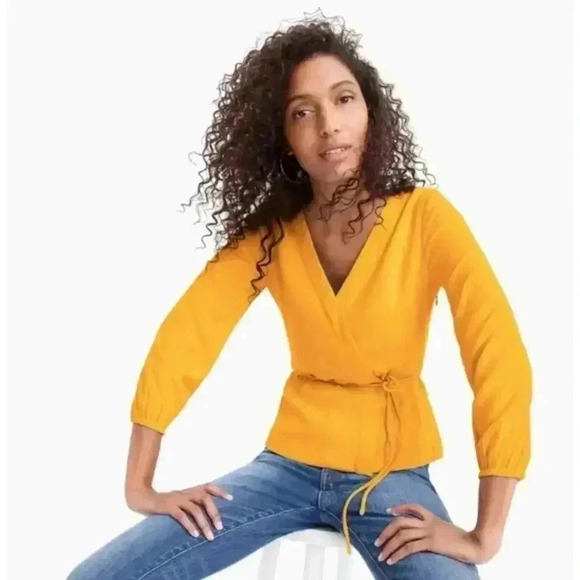 J. Crew Drapey Crepe Faux Wrap Top Yellow Peplum Tie Waist Surplice Blouse 6 - Picture 2 of 7